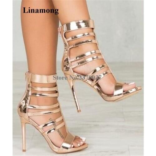 Summer New Fashion Women Open Toe Patent Leather Stiletto Heel Gladiator Sandals Cut-out Gold Zipper-up High Heel Sandals