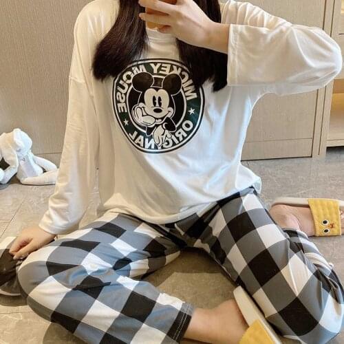 Cartoon Mickey print spring and autumn girl pajamas cute pattern loose long-sleeved trousers cloth bag home service suit