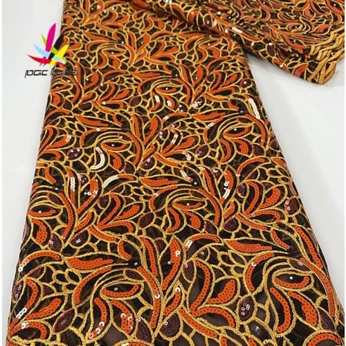 High Quality Lace French Fabric Sequine Tulle Burnt Orange Elegant French African Nigerian Latest Design New Style Best Selling