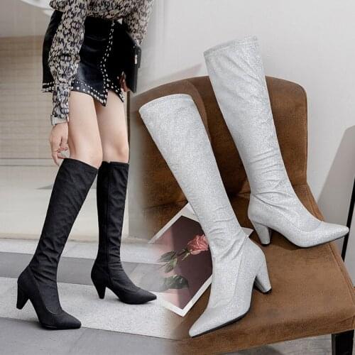 YQBTDL 2020 Womens Spike High Heels Bling Silver Black Long Knee High Boots Pointed Toe Party Shoes Knight Riding High Heel Boot