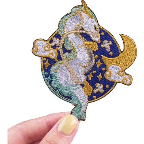 ZF2696 1pcs White Dragon Cartoon Sticker For Clothing Applications Patches On Clothes Iron Embroidered Patch For Backpack Badge