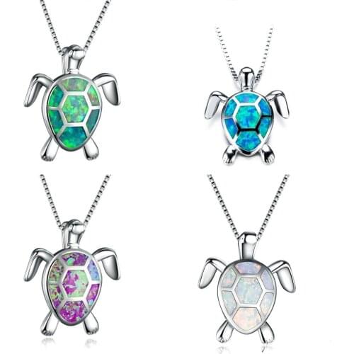 Fashion Blue Opal Sea Turtle Pendant Necklaces for Women Female Animal Wedding Statement Chain Necklace Ocean Beach Jewelry Gift