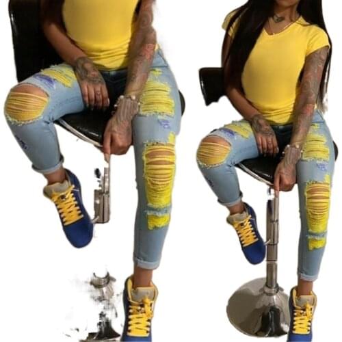 2021 New Jeans Woman Casual High Waist Skinny Hole Ripped Jeans for Women Skinny Denim Pants Streetwear Plus Size Jeans