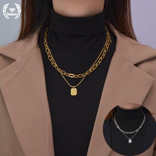 Diamon Hip-hop Style Double Layers Stainless Steel Chain Square Letter Necklace Fashion Choker for Women Jewelry Christmas Gift