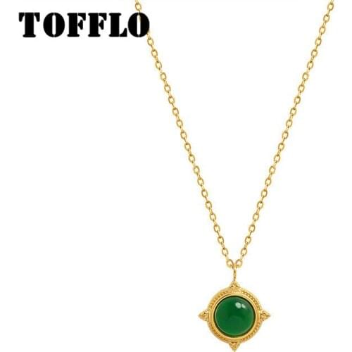 TOFFLO Stainless Steel Jewelry Natural Green Geometric Stone Chokers Necklaces Women Palace Style Simple Clavicle Chain BSP898