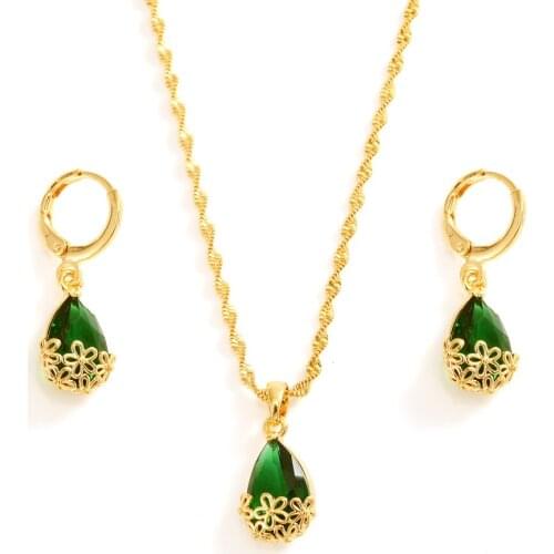 Womes Pendant Necklace Earrings Stud Drop 24K Yellow Solid Gold Filled Jewellery Set inlay Crystal Bezel setting CZ Multicolor