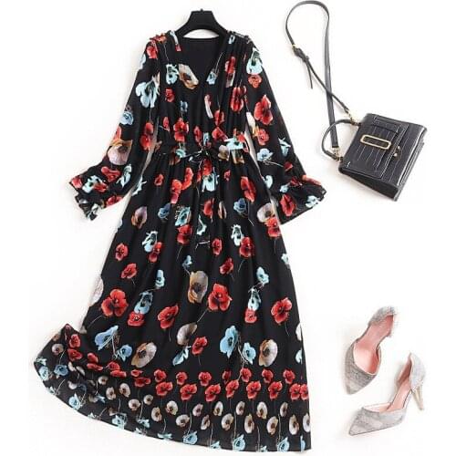 Top Fashion Women Spring Dress 2020 New Elegant Lady V Neck Floral Printing Casual Chiffon Bohemian Holiday Dresses Vestidos