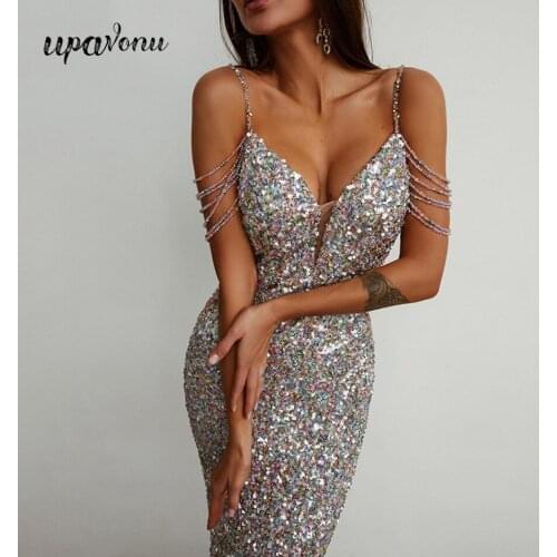 Free Shipping 2021 High Quality Sequin Dress Sexy Beaded Card Shoulder Strap Bodycon Dress Club Celebrity Evening Party Vestidos
