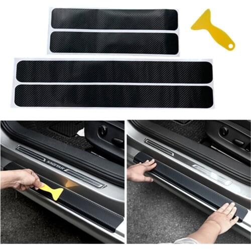4pcs 4D/3D Sticker Carbon Fiber Sill Scuff Pu Stickers Threshold Waterproof Protection Film Door Anti-Scratch Strip Decoration