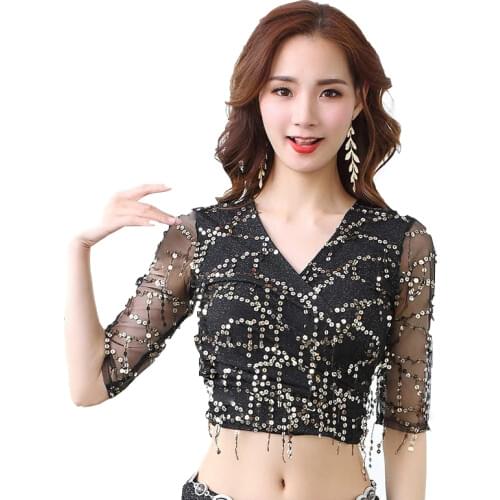 2019 New Women Dance Wear Costume Accessories Elastic Mesh Base with Sequins Fringes Belly Dance Shinny Tops Class Wear
