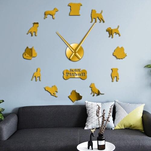 Pitbull Laser Cut 3D DIY Mute Wall Clock Dog Puppy Animals Acrylic Clock Wall Stickers for Living Room Gifts For Pitbull Lovers