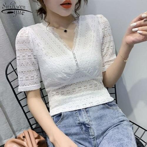 Blusas Mujer Summer New Feminine V-neck Lace Shirt Sexy Splicing Wild Short-sleeved T-shirt Female Top Lace Shirt 14477