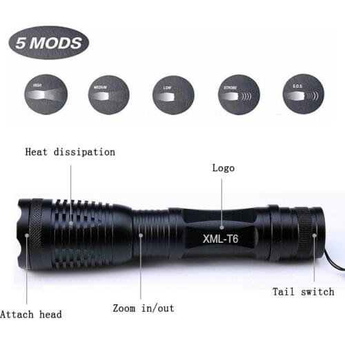 CREE XM-L2 T6 Super Tactical Flashlight 10000 Lumens 6000 Lumens Set with Rechargeable 18650 Battery Retractable Flashlight