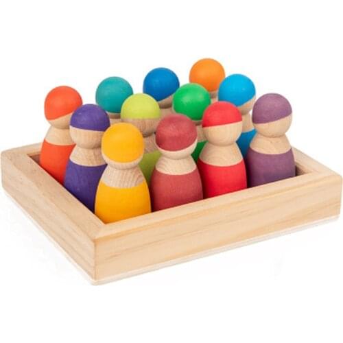 Wooden Rainbow Blocks Montessori Toys 12 Friends Peg Dolls Bodies Baby Pretend Play People Figures Shape Kids Educational Toys