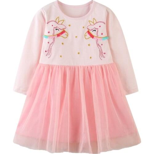 Bambino Children Long Sleeves Dress New Year2021 Unicorn Dress of Little Girls 2-7 Years Baby Pink Dress Kid Party Clothes