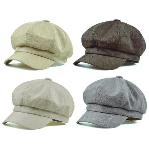 Newsboy Thin Cap Cotton Linen Beret Hats for Women Summer Vintage Solid Beige Octagonal Cap Ladies Baker Boy Artist Cap