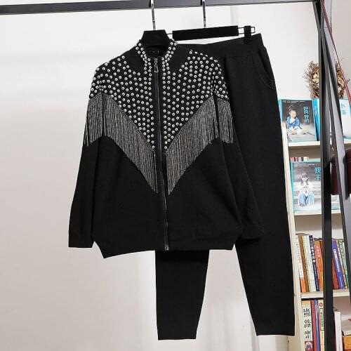 Autumn Fashion Rivet Chain Tassel Knit Tracksuits Outfits Female Loose Red Black Zipper Cardigan Sweater Pencil Pants Set Female