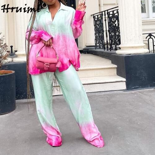 Suit Women Two Pice Autumn New Arrival Fashion Long Sleeve Shirts Wide Leg Pants Female Suit Loose Tie-dye Printed Women Sets