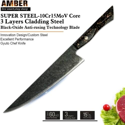 Amber Kitchen Knives 10Cr18Mov 3 Layers Cladding Steel Chef Knife Gold-Foil Resin Handle Chinese Cleaver Knife Cooking