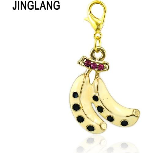 JINGLANG Fashion Gold Color Lobster Clasp Charms Dangle Pink Rhinestone Enamel Banana DIY Charms For Jewelry Making Accessories
