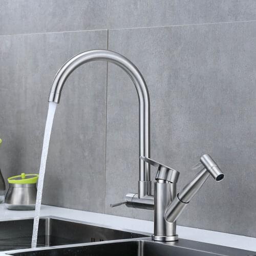 304 Stainless Steel High Pressure Rotatable Kitchen Sink Faucet With 2 Function Pull Out Sprayer