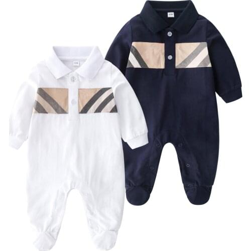 New spring autumn fashion brand style newborn baby clothes Cotton long-sleeved plaid striped Toddler boy girl romper 3-24 months