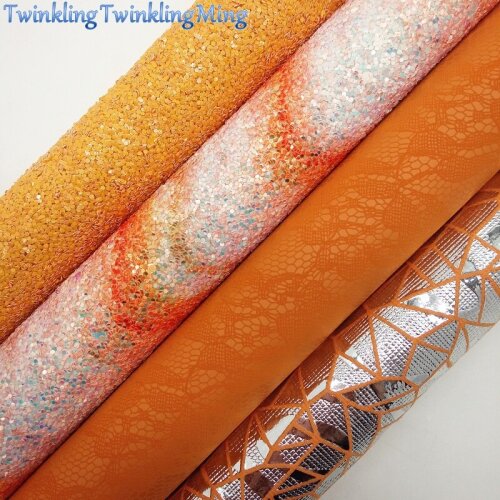 ORANGE Glitter Fabric, Lace Synthetic Leather, Pattern Faux Fabric Sheets For Bow A4 21x29CM Twinkling Ming XM011J