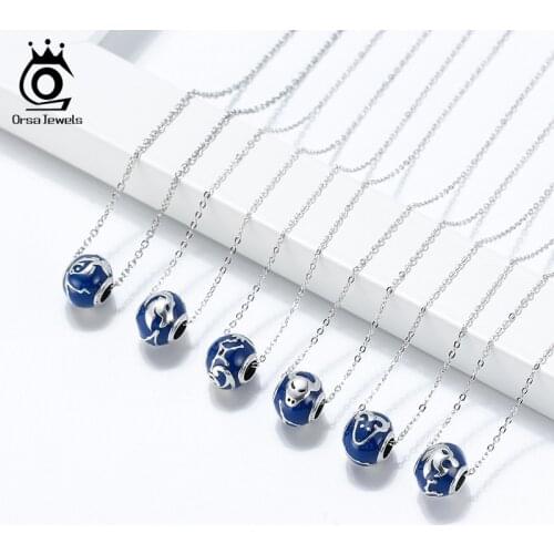 ORSA JEWELS Original Desinger 12 Constellations Zodiac Signs Pendant Necklace Real 925 Silver with Blue Enamel Round Bead SCB32