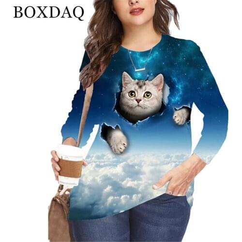 Autumn Funny Cute Cat Print Tops Women Long Sleeved Loose O-Neck T-shirt Fashion Casual Oversize Pullovers Top Plus Size 5XL 6XL