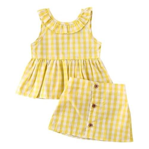 0-3Y Infant Baby Girl Kids Clothes Sets Plaid Sleeveless Tops + Mini Skirt Sunsuit Clothes 2pcs