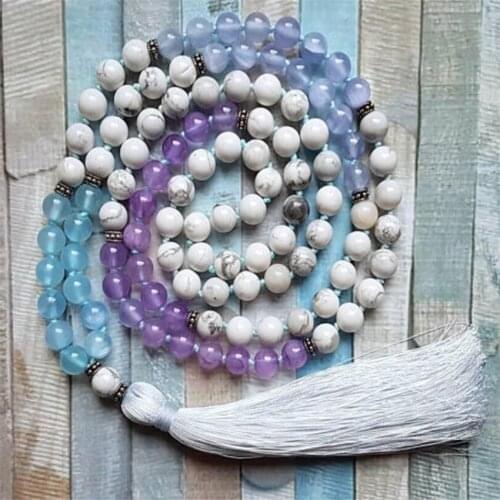 8mm Howlite Amethyst Crystal Gemstone Tassel Necklace 108 Beads Fancy Wrist MONK Handmade spirituality energy Unisex yoga cuff