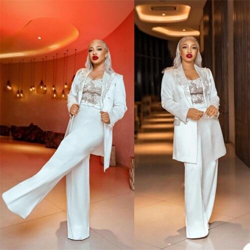 Luxury White 3 Pieces Women Suits Elegant Appliqued Lace Coat+Pant+Vest Modern Formal Party Suits For Women Customize