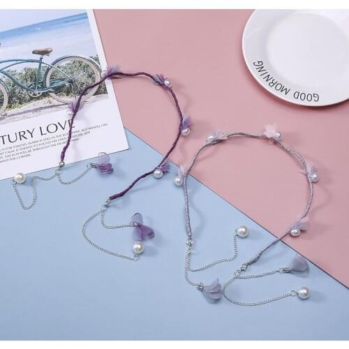 1PCS Girl Pearl Fake Earrings Tassel HairBand Cute Sweet Flowers Wave Head Bands Headdress 5Colour