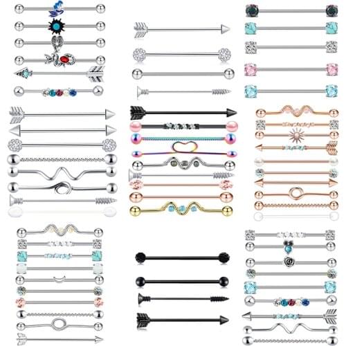 Stainless Steel Heart Industrial Piercing Set Arrow Industrial Barbell Lot Crystal Industrial Piercing Bar Bulk Cartilge Earring