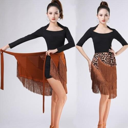 Adult Leopard Latin Dance Apron Female Hree-layer Fringed Latin Skirt For Girls Cha Cha Rumba Samba Sexy Dance Practice Clothing