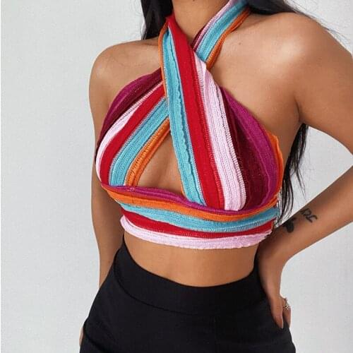 Y2K Women Summer Crossover Striped Crop Tops Halter Neck Strap Sexy Vintage Tank Top Short Waist Knitted Vest For Female Girls