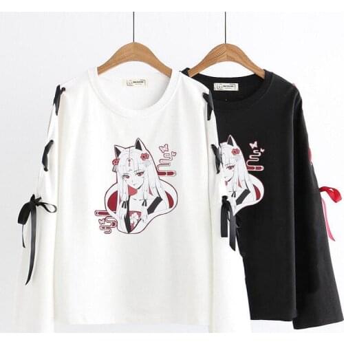 Japanese Kawaii Girl Spring Autumn T-shirt New Japanese Soft Sister Loose Black Pullover Long Sleeve T-shirt Bow Bottoming Top