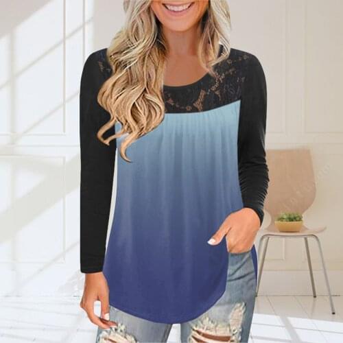 40# Vintage Gradient Printing Blouse Women Lace Long Sleeve Patchwork Loose O Neck Tops Elegant Lace Blouses And Shirts Blusas