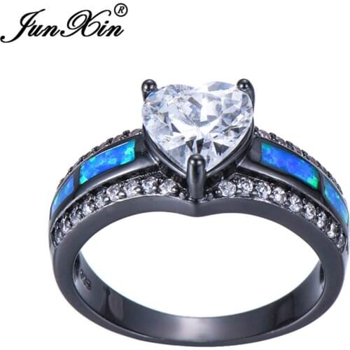 JUNXIN Female White/Champagne Heart Zircon Ring Fashion Black Gold Filled Rings For Women Romantic Valentines Day Gift