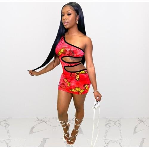 One Shoulder Butterfly Tie Dye Print Sheath Dress Summer Clothes for Women Y2K Bandage Dress Summer Waist Band Cut Out Vestidos