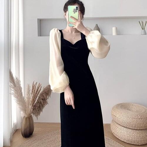 2021 Vintage Velvet Dress Women Autumn Winter Puff Sleeve Patchwork Long Dress Plus Size Party Dresses vestidos