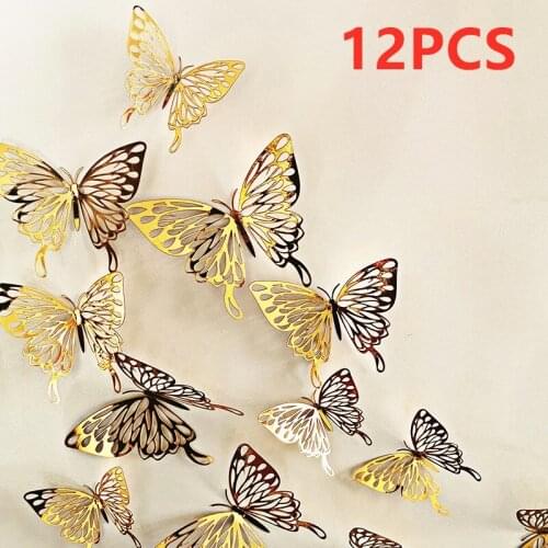 12PCS/Set Hollow Golden Silver Butterfly Wall Stickers 3D Wall Stickers Home Wall Decals For Party Wedding Birthday Display