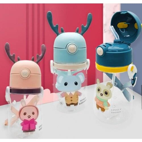 450ml/550ml Creative Antlers Kids Bottle with Lanyard Leak-proof Portable Children Cartoon Water Bottle Outdoor Travel Cup