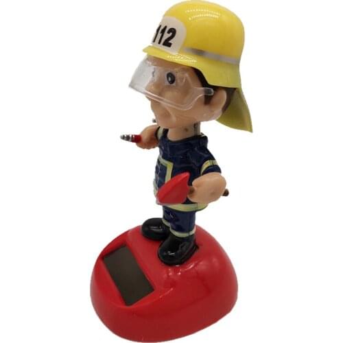 Solar Decoration Firefighter Shaking Head Doll Car Accessory x