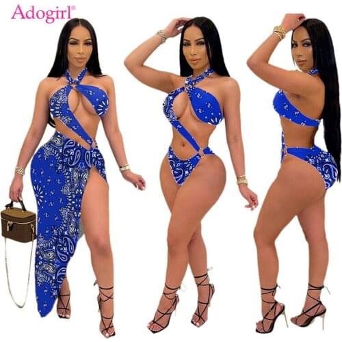 Adogirl Paisley Bandana Print Women Sexy Two Piece Set Hollow Out Halter Backless Swimwear High Split Max Skirt Summer Beach Sui