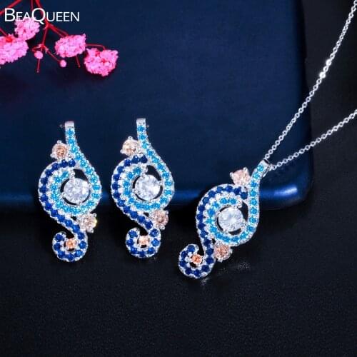 BeaQueen Bohemia Multicolor Light Blue Cubic Zirconia Drop Earrings Pendant Necklace Trendy Jewelry Sets for Women Wedding JS283