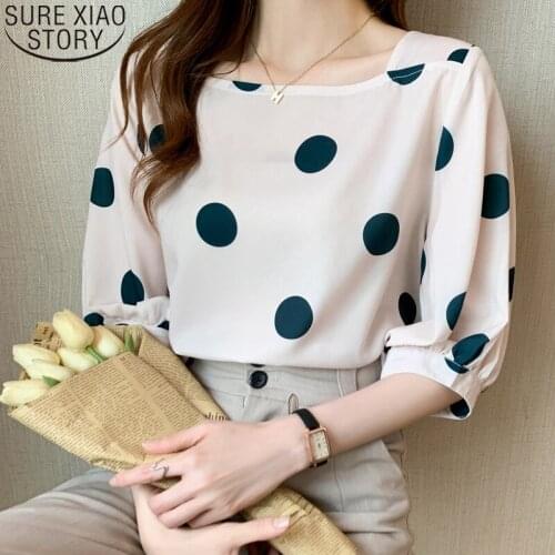 Office Lady Fashion Polka Dot Chiffon Blouse Women Shirts Summer 2021 Square Collar Thin Temperament Half Sleeve Blusas 15052