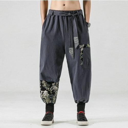 Cotton Linen Mens Harem Pants Loose Chinese Style Trousers Male New Leisure Elasticated Waist Sweatpants Mens Large Size M-5XL