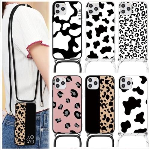 Leopard Print Lanyard Strap Phone Case For iPhone 11 12 Xs Pro Max X 7 8 6s 6 Plus 12 Mini 5S SE SE 2020 5 Milk Cows Back Cover