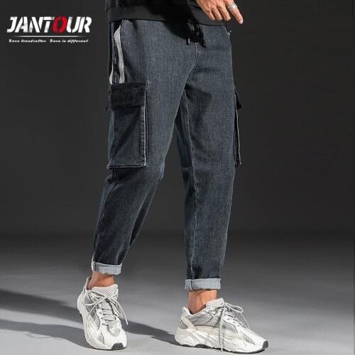2021 Autumn Winter Fashion Big Pocket Harem Jeans Corduroy Spliced Black Jeans Men Drawstring Thick Male Trousers Pantalon 28-38